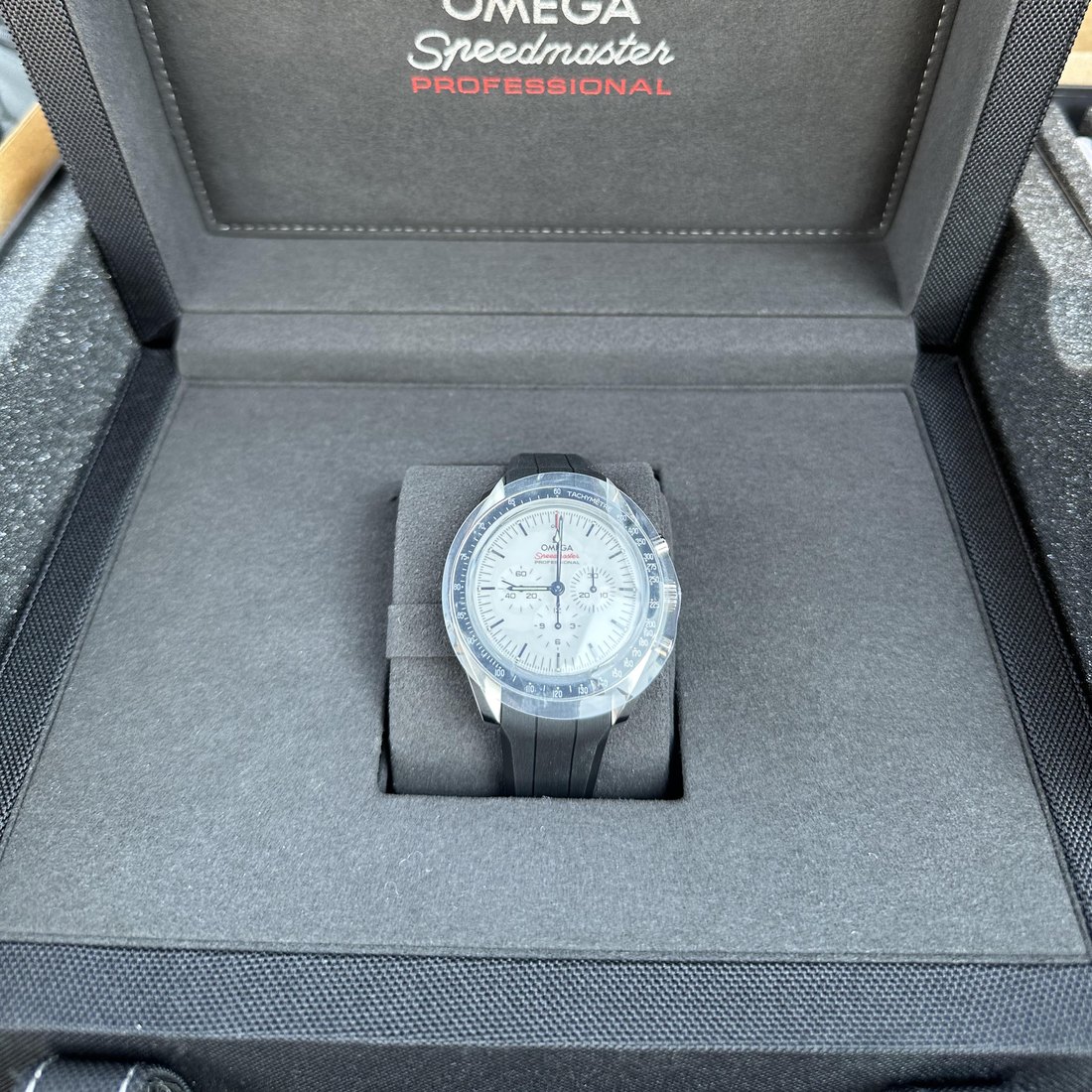 Omega Speedmaster Professional Moonwatch, white dial, sold by Big Sky Timepieces